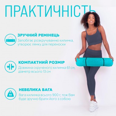Килимок для йоги та фітнесу EasyFit TPE+TC 6 мм двошаровий + Чохол м'ятний-чорний