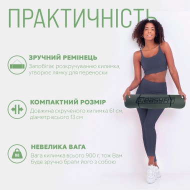 Килимок для йоги та фітнеса EasyFit TPE+TC 6мм двошаровий + Чохол чорний з зеленим