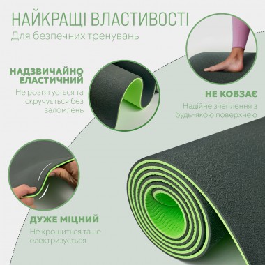 Килимок для йоги та фітнеса EasyFit TPE+TC 6мм двошаровий + Чохол чорний з зеленим