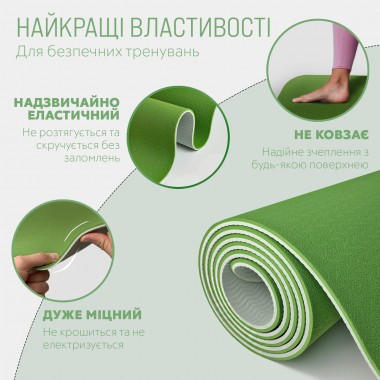 Килимок для йоги та фітнеса EasyFit TPE+TC 6мм двошаровий + Чохол зелений з сірим