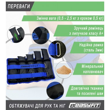 Утяжелители для ног и рук EasyFit наборные черно-синие 0,5-2,5 кг (пара)