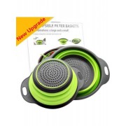 Дуршлаг силиконовый складной 2 шт в комплекте (большой + маленький) Collapsible filter baskets, зеленый