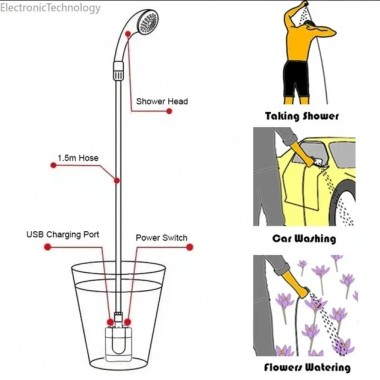 Душ портативный, кемпинговый с помпой на аккумуляторе USB Travel shower  2200 мАг