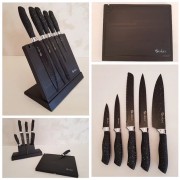 Набор кухонных ножей из нержавеющей стали с магнитной подставкой UNIQUE UN-1841-KS 6 предметов + точилка Черны
