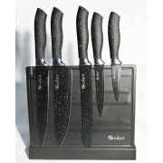 Набор кухонных ножей из нержавеющей стали с магнитной подставкой UNIQUE UN-1841-KS 6 предметов + точилка Черны