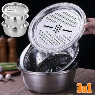 Многофункциональный кухонный набор из нержавеющей стали 3 в 1 Metal Basket Cutter Миска дуршлаг и терка