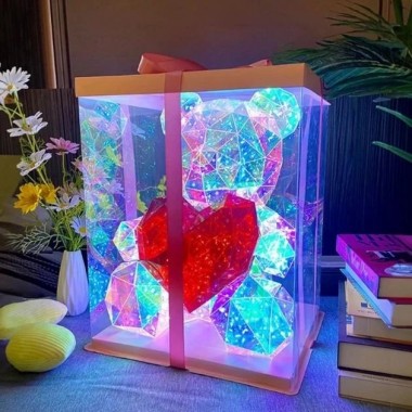 Хрустальный Медвежонок Геометрический Мишка 3D LED Teddy Bear ночник с красным сердцем 25 см