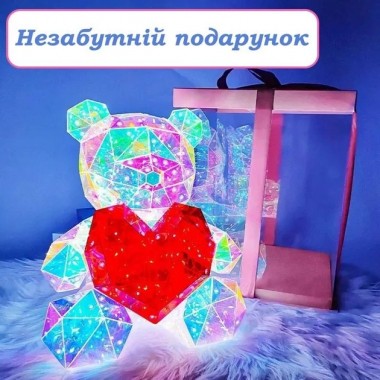 Хрустальный Медвежонок Геометрический Мишка 3D LED Teddy Bear ночник с красным сердцем 25 см