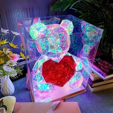 Хрустальный Медвежонок Геометрический Мишка 3D LED Teddy Bear ночник с красным сердцем 25 см