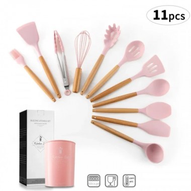 Набор кухонных принадлежностей силикон 12 предметов Kitchen Set, Кухонный набор в стакане RD-1204 Розовый