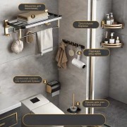 Набор для ванной комнаты: полка, вешалки, ершик, держатель бумаги 6 в 1 Черный