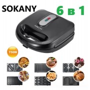 Мультимейкер 6 в 1 750Вт Sokany SK-908 со сменными формами для вафель, орешков, печенья и блюд на гриле