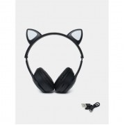 Беспроводные наушники с кошачьими ушками и RGB подсветкой FM радио, micro SD Cat MZ-023 Чёрные