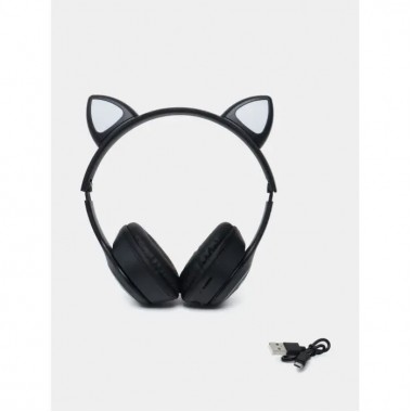 Беспроводные наушники с кошачьими ушками и RGB подсветкой FM радио, micro SD Cat MZ-023 Чёрные