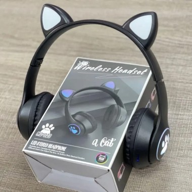 Беспроводные наушники с кошачьими ушками и RGB подсветкой FM радио, micro SD Cat MZ-023 Чёрные