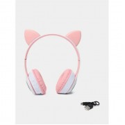 Беспроводные наушники с кошачьими ушками Cat MZ-023 Гарнитура RGB подсветкой FM microSD Розовые