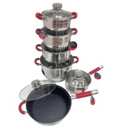 Набор кухонной посуды 12 предметов для дома Zepline ZP-115 красный, посуда из нержавейки с толстым дном