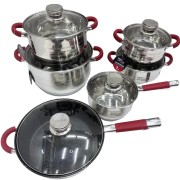 Набор кухонной посуды 12 предметов для дома Zepline ZP-115 красный, посуда из нержавейки с толстым дном