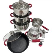 Набор кухонной посуды 12 предметов для дома Zepline ZP-115 красный, посуда из нержавейки с толстым дном
