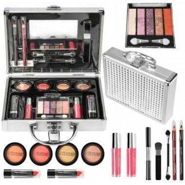 Набор декоративной косметики в алюминиевом кейсе с зеркалом Makeup set MC1488 Серебристый