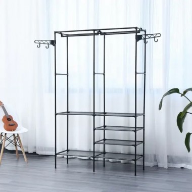 Напольный стеллаж-стойка 108х45х173 см с полками и вешалками 8518 Черный