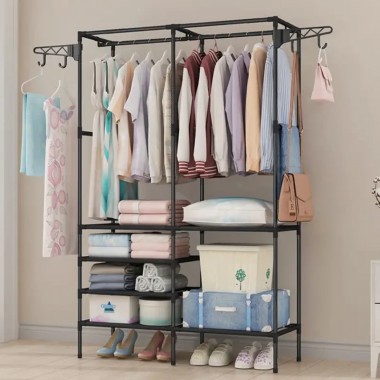 Напольный стеллаж-стойка 108х45х173 см с полками и вешалками 8518 Черный