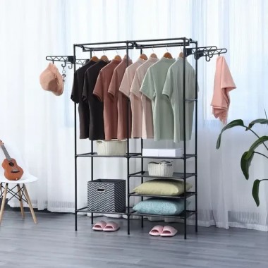 Напольный стеллаж-стойка 108х45х173 см с полками и вешалками 8518 Черный