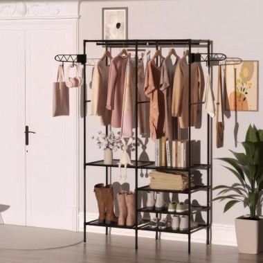 Напольный стеллаж-стойка 108х45х173 см с полками и вешалками 8518 Черный