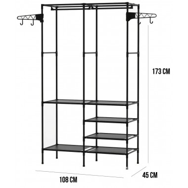 Напольный стеллаж-стойка 108х45х173 см с полками и вешалками 8518 Черный