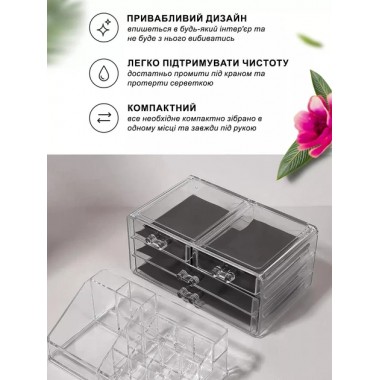 Органайзер подставка для косметики, канцелярии и рукоделия на 20 отделений настольный с 4 ящичками Прозрачный Органайзер подставка для косметики, канцелярии и рукоделия на 20 отделений настольный с 4 ящичками Прозрачный