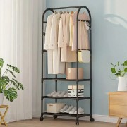 Напольная вешалка-стойка для одежды на колесах передвижной стеллаж с штангой для вещей и обуви для дома