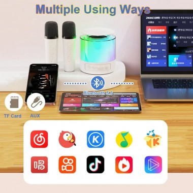 Портативная колонка K19 Bluetooth с LED-подсветкой, 2 микрофона, белая, караоке