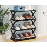 Полочка для обуви с 4 разборными уровнями в черном цвете, стильная полка обувная 42х18.5х49.5 см
