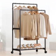 Двойная стойка-вешалка 112×56×30 см на колёсах с полкой для обуви YH9918-1