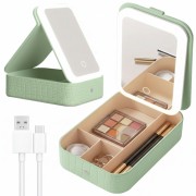 Портативный кейс-органайзер для косметики с зеркалом и подсветкой Зелёный