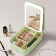 Портативный кейс-органайзер для косметики с зеркалом и подсветкой Зелёный
