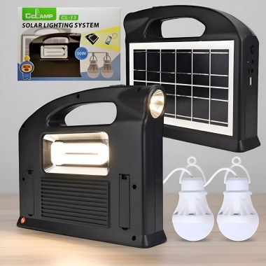 Портативная зарядная станция Cclamp CL-13 с солнечной панелью на 2 лампочки с фонарем и Power Bank Портативная зарядная станция Cclamp CL-13 с солнечной панелью на 2 лампочки с фонарем и Power Bank