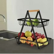 Двухярусная металлическая фруктовница с деревянной ручкой Разборная железная корзина для фруктов 2 яруса