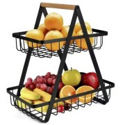 Двухярусная металлическая фруктовница с деревянной ручкой Разборная железная корзина для фруктов 2 яруса