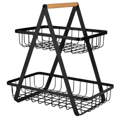 Двухярусная металлическая фруктовница с деревянной ручкой Разборная железная корзина для фруктов 2 яруса Двухярусная металлическая фруктовница с деревянной ручкой Разборная железная корзина для фруктов 2 яруса