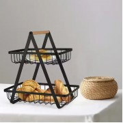 Двухярусная металлическая фруктовница с деревянной ручкой Разборная железная корзина для фруктов 2 яруса