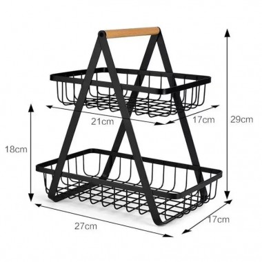 Двухярусная металлическая фруктовница с деревянной ручкой Разборная железная корзина для фруктов 2 яруса Двухярусная металлическая фруктовница с деревянной ручкой Разборная железная корзина для фруктов 2 яруса