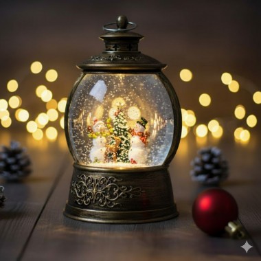 Рождественский Светильник-Фонарь с Эффектом Снегопада и Музыкой (Питание USB/Батарейки)