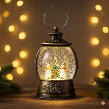 Рождественский Светильник-Фонарь с Эффектом Снегопада и Музыкой (Питание USB/Батарейки)