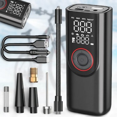 Портативный компрессор с цифровым дисплеем, LED-фонариком и набором насадок​​​​​​​ ATJ-9566 3х2000mAh