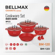 Набор кухонной посуды с гранитным антипригарным покрытием Красный на 9 предметов Bellmax Cookware BM-120