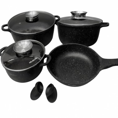 Набор кухонной посуды Bellmax BM-120 Черный из литого алюминия с гранитным покрытием, 9 предметов