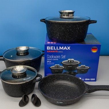 Набор кухонной посуды Bellmax BM-120 Черный из литого алюминия с гранитным покрытием, 9 предметов