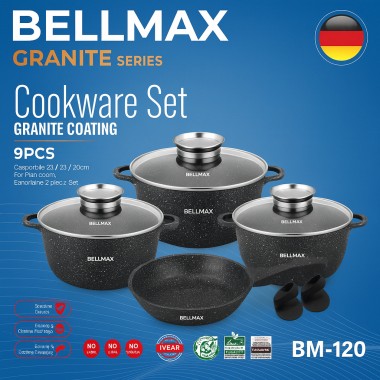 Набор кухонной посуды Bellmax BM-120 Черный из литого алюминия с гранитным покрытием, 9 предметов