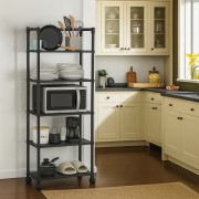 Универсальная напольная этажерка-стеллаж с колёсиками 5-ярусная 120×50×26 см, металлическая, чёрная